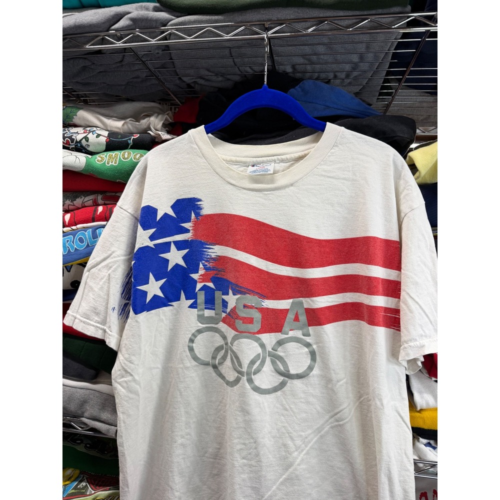 Vintage Champion USA Olympic Team T-Shirt White Mens Large American Flag 90s